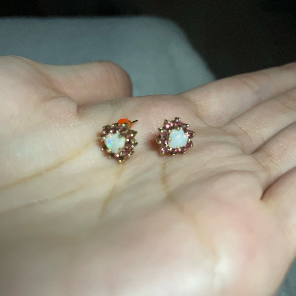 Opal Heart and Pink Tourmaline Halo Stud Earrings - Women Jewelry